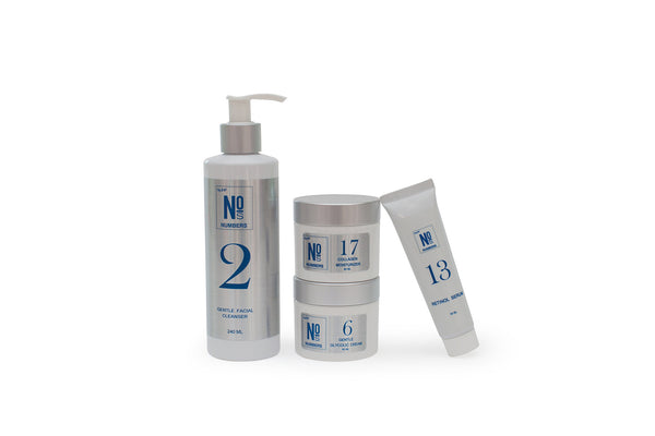 NUMBERS SKINCARE gentle starter kit - cleanser, glycolic cream, collagen moisturizer and retinol