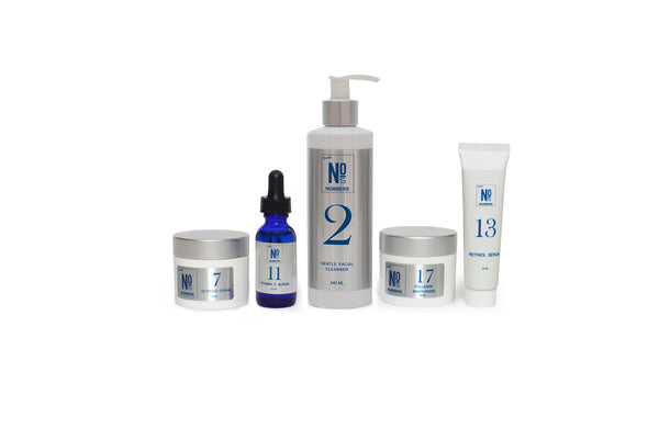 NUMBERS SKINCARE The Whole Shebang Kit includes cleanser, glycolic cream, collagen moisturizer, vitamin c serum & retinol